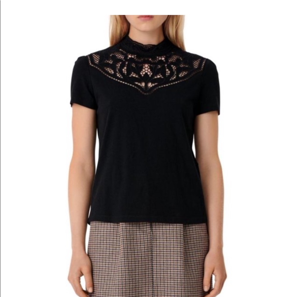 $150 Maje Talent Embroidered Lace Yoke T-Shirt Size 1